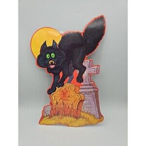 Kirk Vintage Die Cut Halloween Black Cat & Tombstones Decor Two-sided Laminated